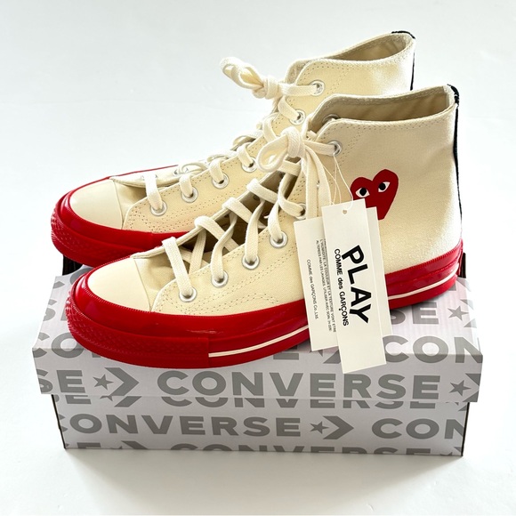 Comme des Garçons PLAY x Converse Chuck 70 High Top Sneakers Off-White Red W8/M6 - Picture 16 of 17